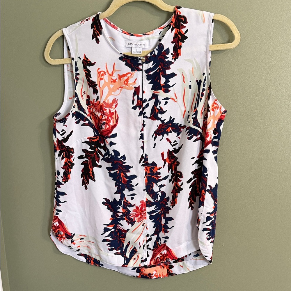 Liz Claiborne Floral Sleeveless Blouse - Orange and Blue on White